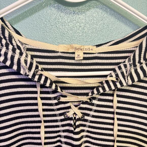 Rewind Women’s Black and White Striped Lace-Up Hoodie with Lace Accents Size M - Picture 3 of 8